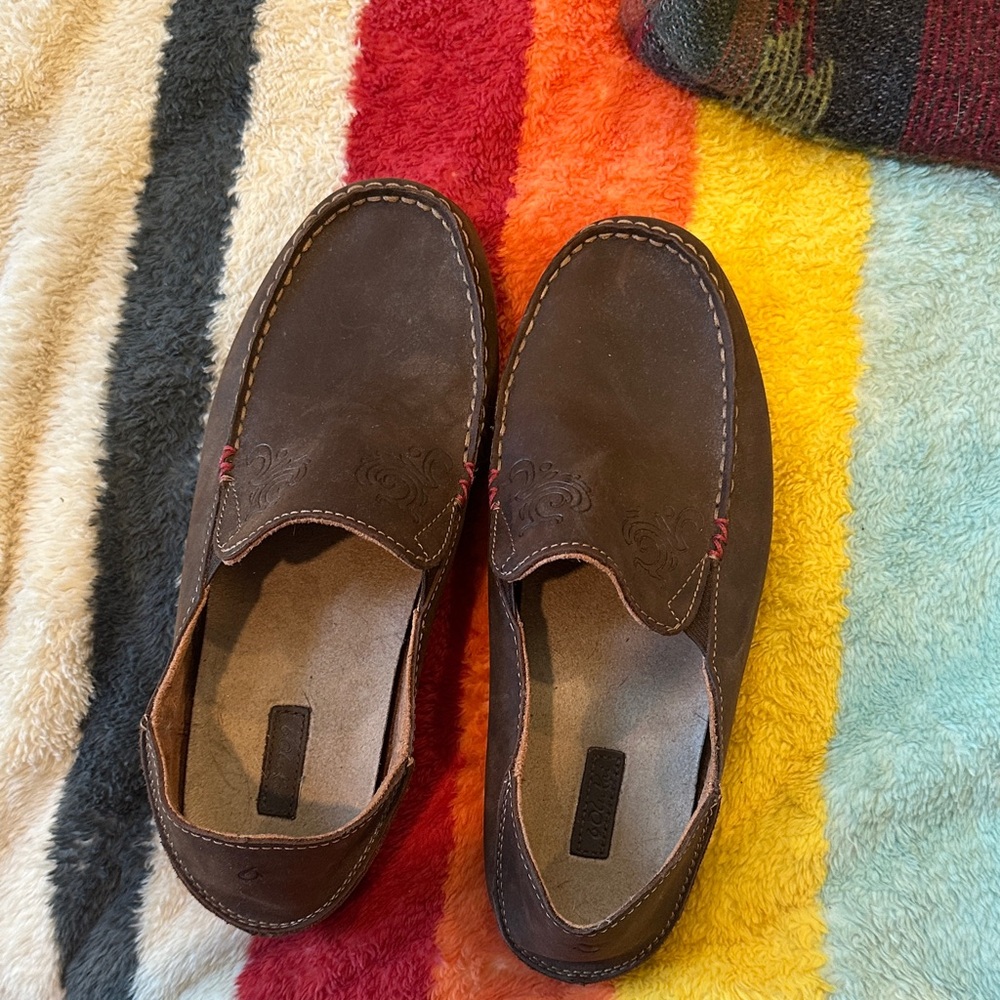 OluKai Woman’s Brown Suede Slip-On Loafers with Subtle Stitch Accents